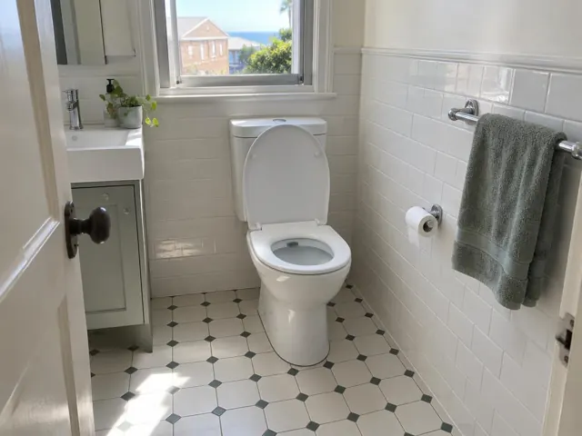 Clean white toilet in a tiled bathroom with sink and window in Bondi